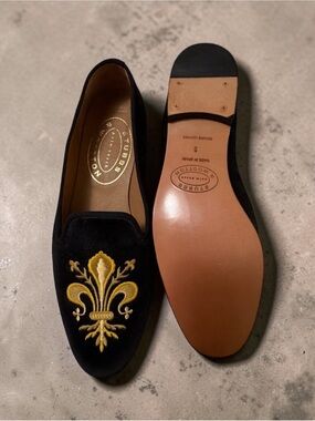 Stubbs & Wootton Black Velvet Loafers with Yellow Embroidery